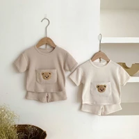 2022 summer new baby short sleeve clothes set cute cartoon bear cotton waffle tops shorts 2pcs suit boys girls baby outfits