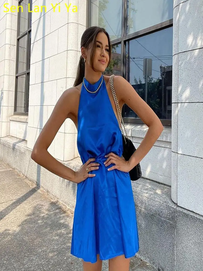 

Женское платье с открытой спиной Sen Lan Yi Ya, синее свободное платье без рукавов, с лямкой на шее, со шнуровкой, лето 2023