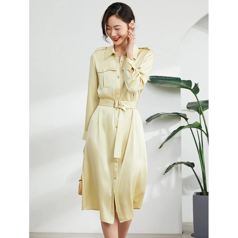 

Dress Women 86% Acetate Turn-down Collar Long Sleeve Sashes Single-breasted Solid A-line Elegant Dresses Ladies New Fashion