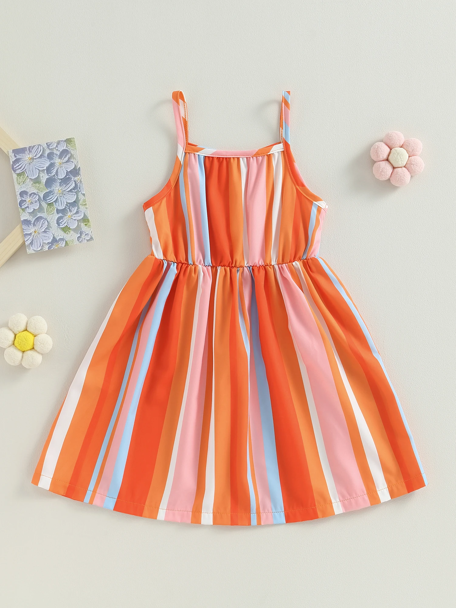 

Adorable Striped and Polka Dot Print Sleeveless A-Line Dress for Little Girls - Perfect for Casual Summer Days Beach Parties