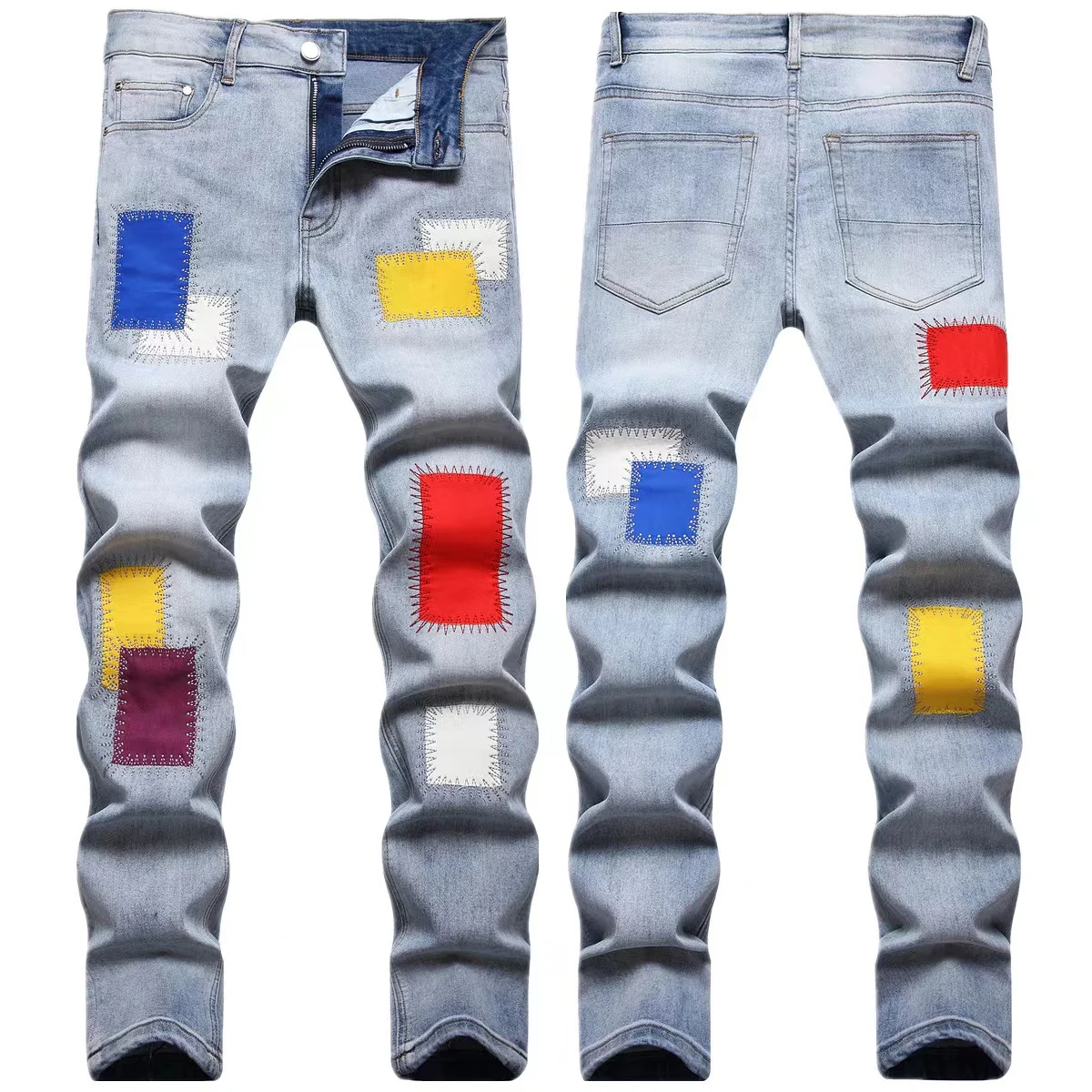 EH·MD® Men Jeans Embroidered With Rainbow Square Cloth Pure Cotton Stretch Slim Pants Scraped White Wearable High Street Fashion