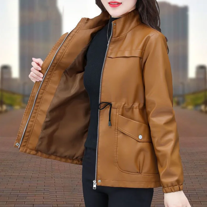 1pcs Women Long PU Leather Jackets Coat 2022 Autumn Faux Fur Zipper Splicing Bandage Stand Collar Ladies Skinny Locomotive Coats