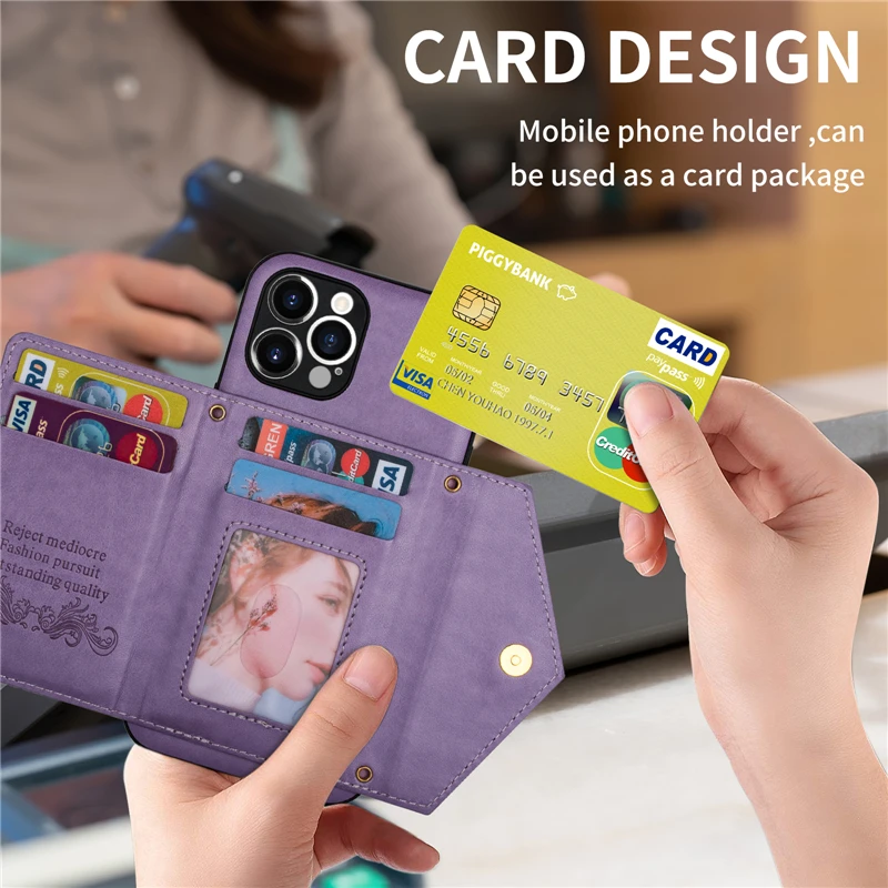 Кожаный чехол-книжка на молнии с ремешком через плечо для Samsung S21 FE S22 S23 Ultra S20 A72 A52S