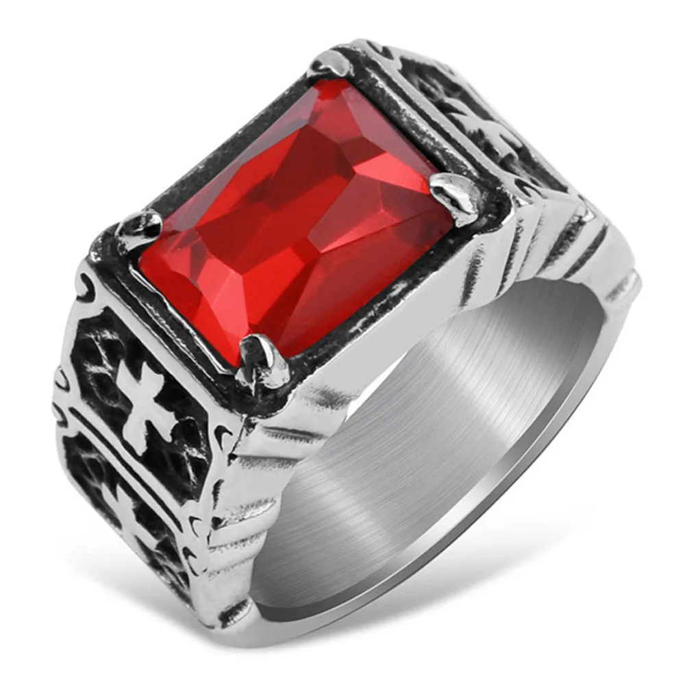 

Domineering titanium steel cross ring in Europe and America Gothic hipster inlaid with ruby glory ring jewelry