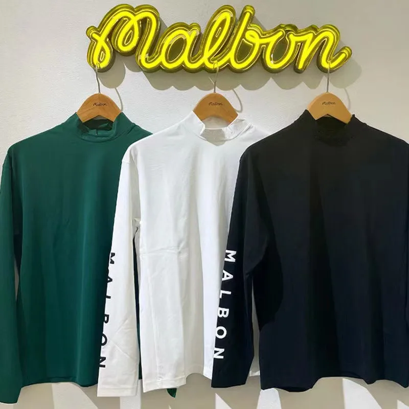 Malbon Spring Summer Casual Golf Crew Neck T-shirt Men's Fast Dry Air Permeability Black/White Slim Fit Sports Men Long Sleeve