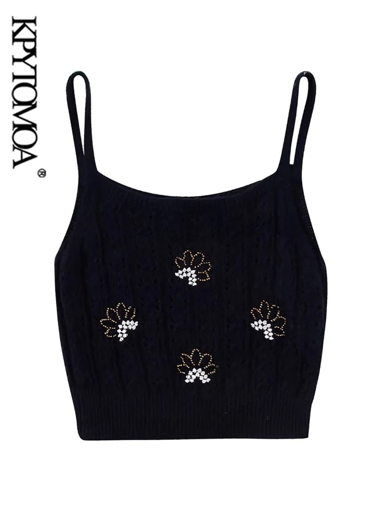 

KPYTOMOA Женская мода с вышивкой из бисера трикотажные майки винтажные с круглым вырезом на тонких бретельках Женские майки