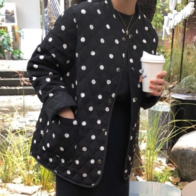Clothland Women Elegant Polka Dot Padded Jacket Single Breasted Long Sleeve Coat Winter Casual Thick Jackets CA417