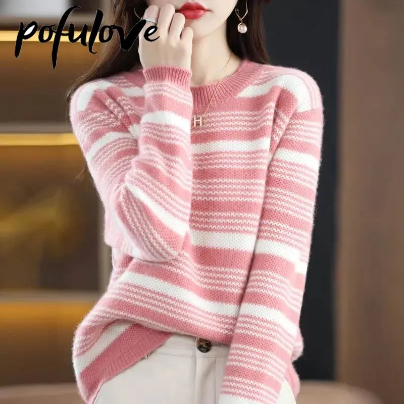 

Knitted sweater Women's thickened warm round neck striped pullover loose lazy trend knitwear Autumn and winter sweater wholesale