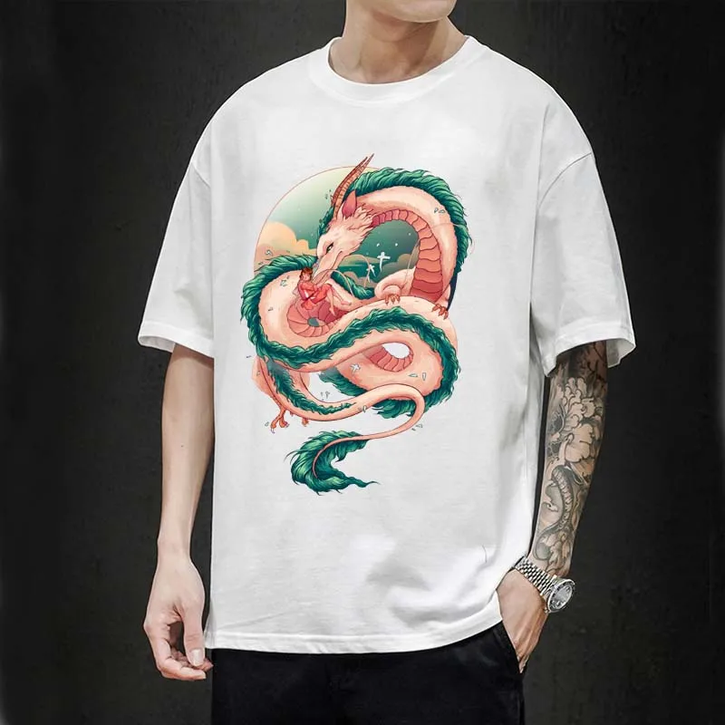 

Summer 2022 New Japanese anime Hayao Miyazaki Anime Chihiro white dragon printed men's cotton top T-shirt fashion Tees shirt Top