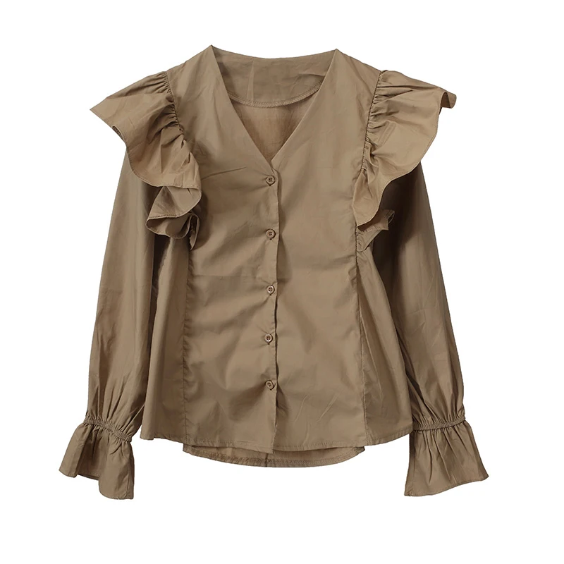 

Рубашка COIGARSAM, женские топы, модные рубашки с оборками и длинным рукавом, с V-образным вырезом, хаки, белые женские рубашки, Прямая поставка