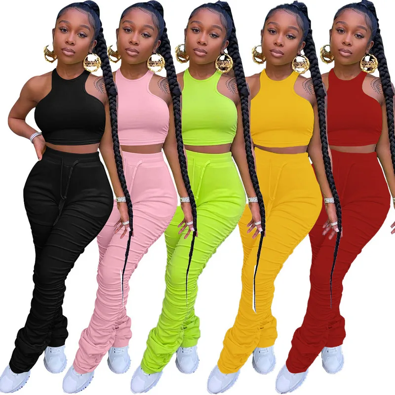 Female Ladies Tracksuit Joggers Sleeveless 2 Piece Stacked Legging Set With Crop Top For Women