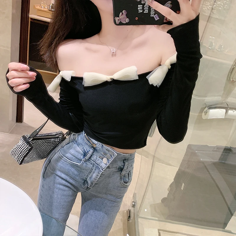 

Spring Solid T-shirts Women Slash Neck Long Sleeve Tunic Tees 2023 Ropa Mujer Cropped Tops Bow Fashion Casual Y2k Tshirt
