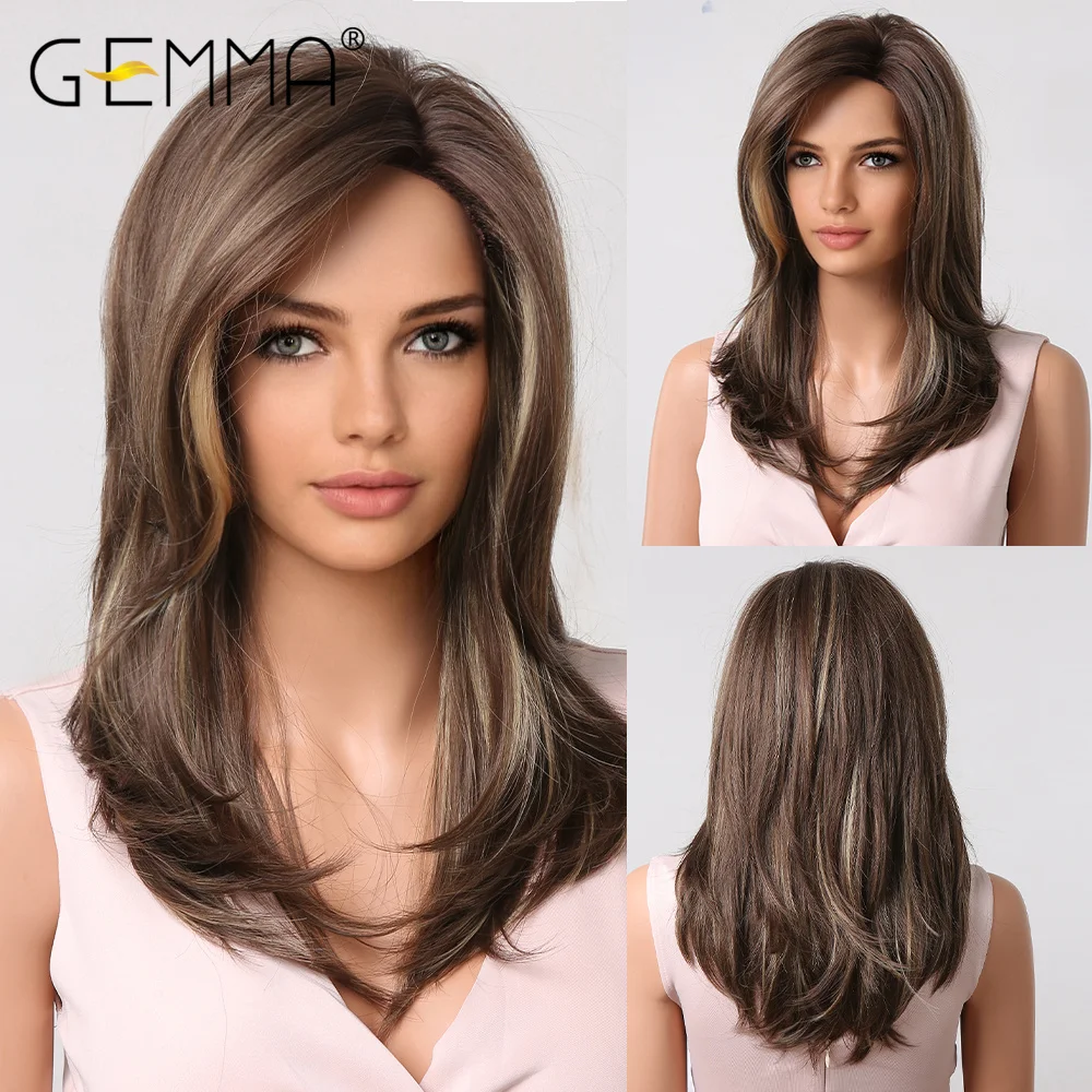 

GEMMA Long Brown Synthetic Wig with Side Bangs Highlight Blonde Layered Wigs for Women African Daily Heat Resistant Natural Hair