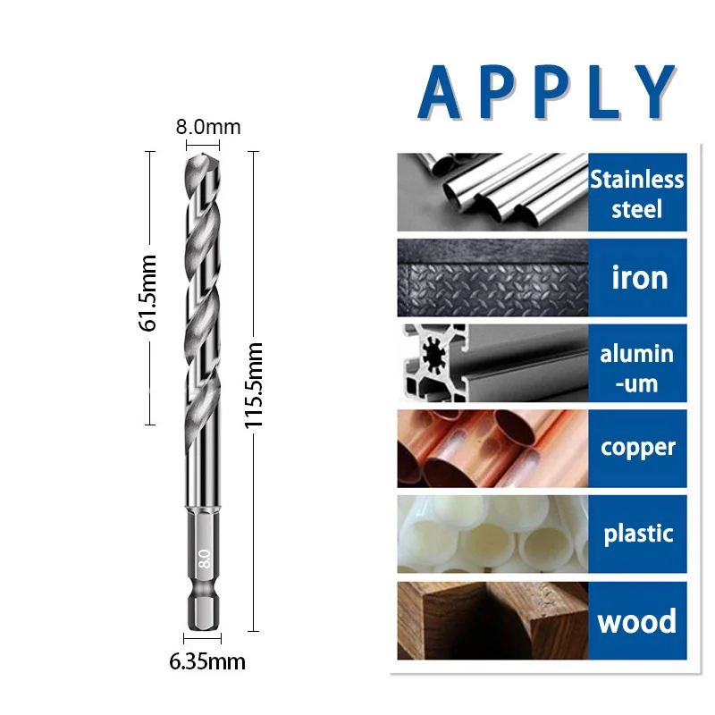 Белое стальное спиральное сверло 1/4, шестигранная ручка, 4 мм/5/6/8/10 мм, нержавеющая сталь, металл, специальное сверло высокой твердости из стального сплава