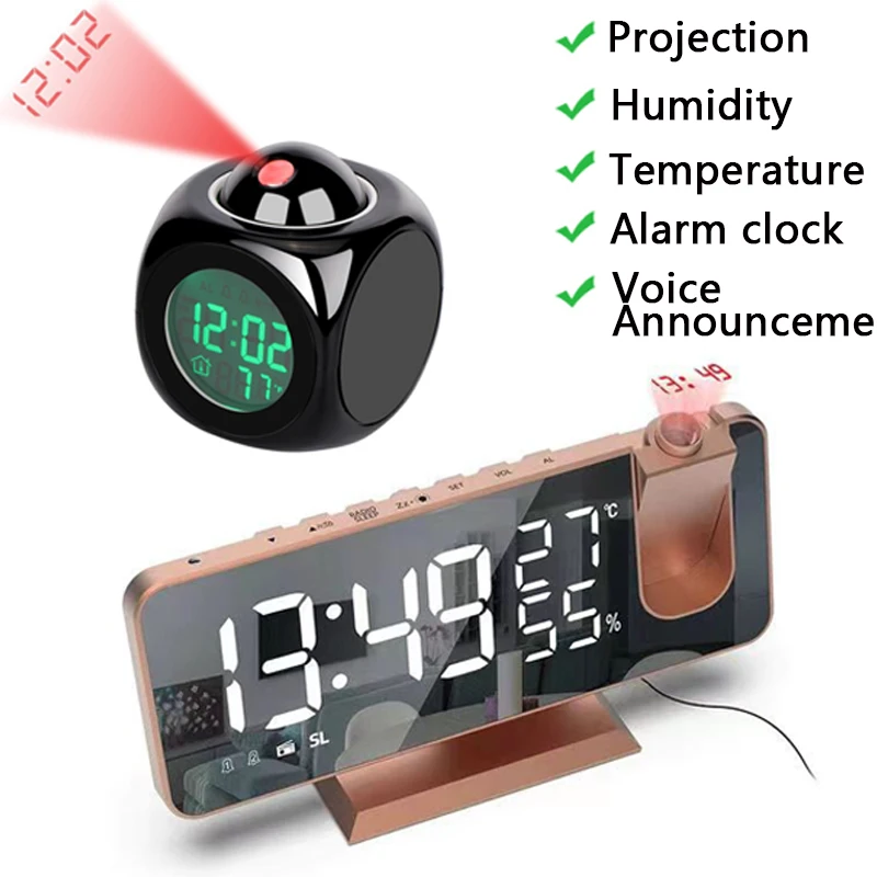 

LED Digital Alarm Clock 180° Projection Horloge Electronics Mute Clocks Mirror Temperature And Humidity Display Snooze Bedroom