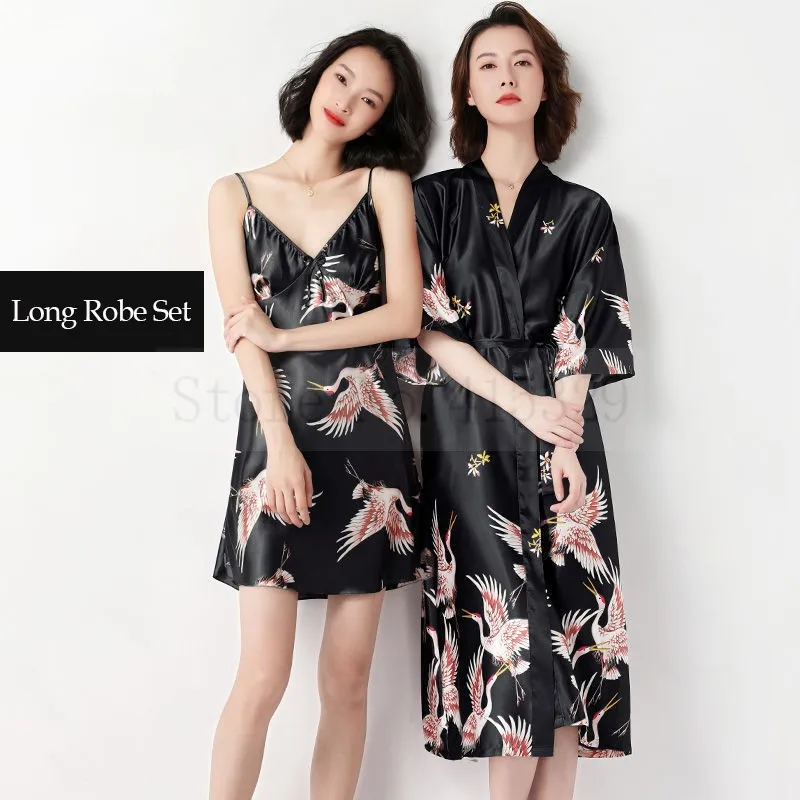 

Long 2PCS Kimono Bathrobe Gown Lady Satin Print Crane Bride Wedding Robe Sleepwear Home Dressing Casual Half Sleeve Nightgown