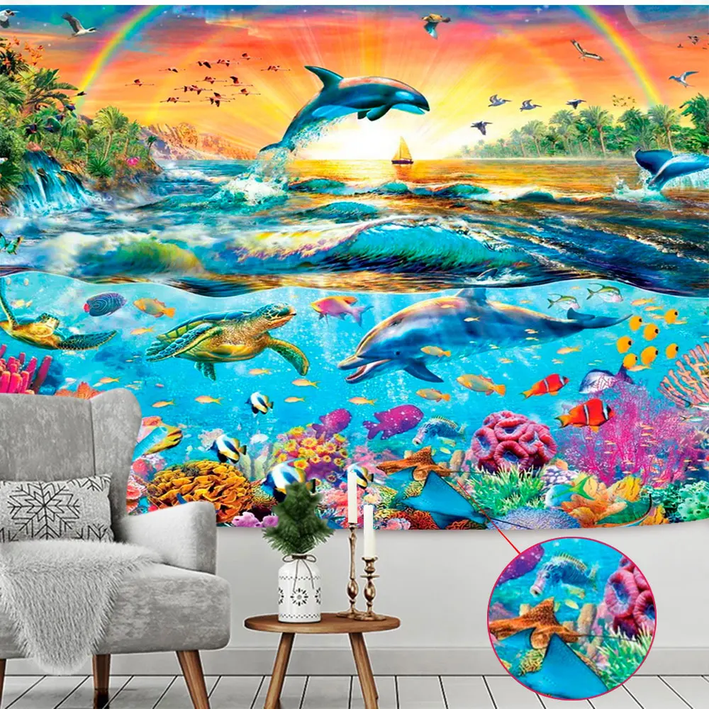 

3D Dream Scene Underwater World Home Decoration Tapestry Psychedelic Rainbow Dolphin Turtle Wall Hanging Cushion Sofa Blanket