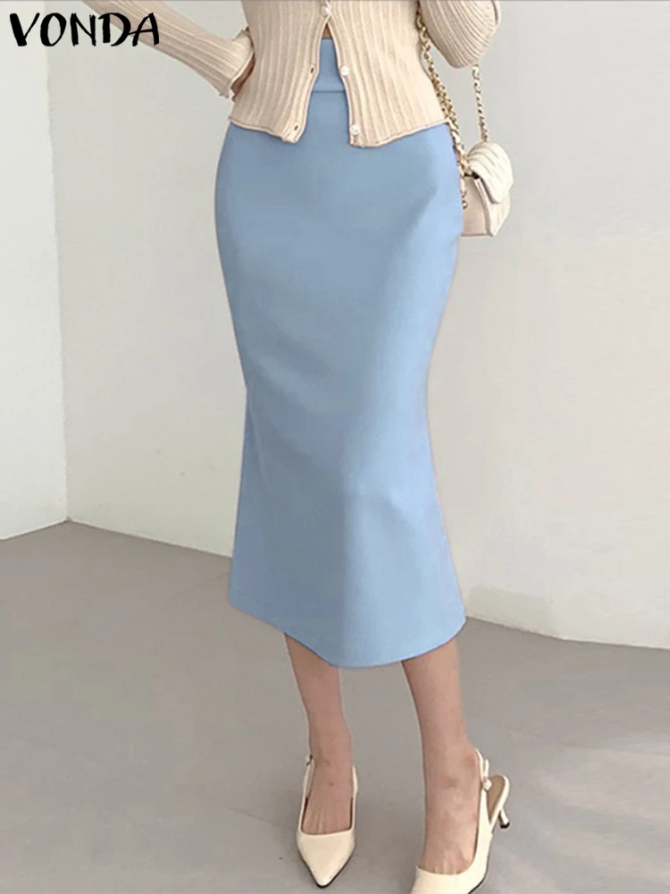 

VONDA Elegant Fashion Women Summer OL Office Skirts 2023 Casual High Waist Wrap Hip Solid Color Midi Skirt Slim Bottoms Feminina