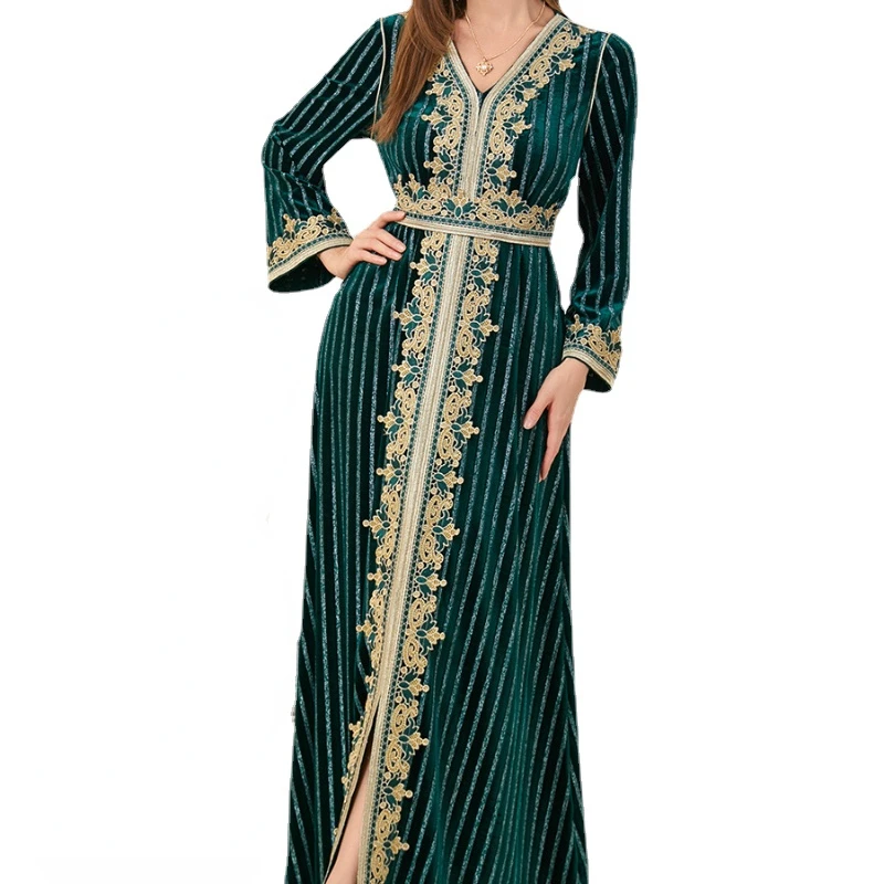 

Muslims Sexy V-Neck Floral Embroidery Guipure Lace Panel Belted Kaftan Velvet Autumn Winter Women's Soft Evening Dress