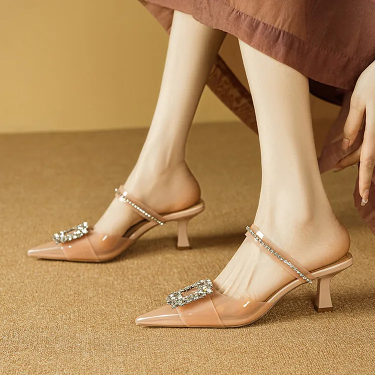 

2023Summer Women Slides Pink Transparent PVC High Heels Prom Party Pumps Crystal Chains Lady Slippers Pointed Toe Dress Pumps