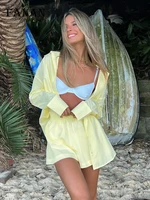 women tracksuits summer long sleeve shirt with high waist shorts outfits 2022 casual yellow loose beach two pieces set y2k