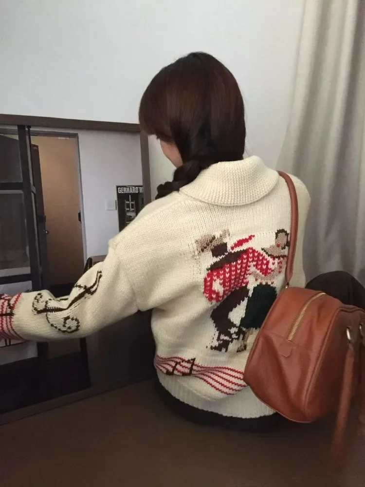 Корейский винтажный жаккардовый свитер Korobov вязаный кардиган контрастных цветов