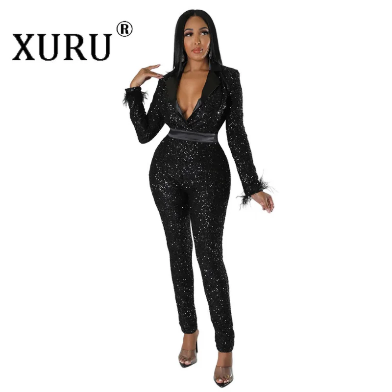 XURU Sexy Deep V Slim Fitting Long Sleeve Jumpsuit, Velvet Beaded Black Jumpsuit, Sexy Nightclub Party Jumpsuit for Women