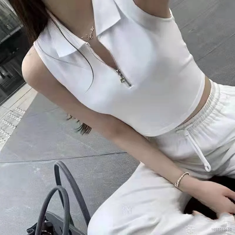 

[Doly] Polo neck knitted suspender vest women T-shirt wear girl short navel exposed Pink inner top