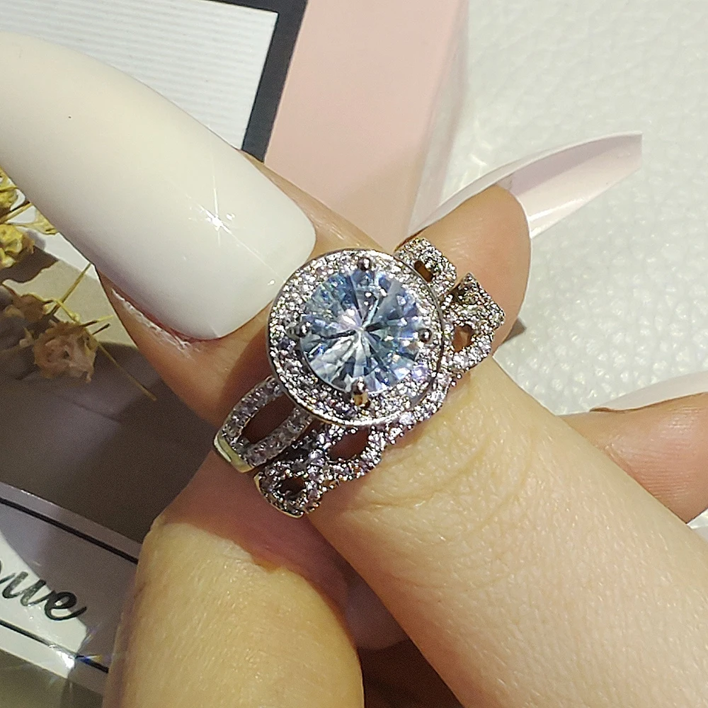 

2022 New Luxury Halo silver color bride Wedding Ring Set For Women Lady Anniversary Gift Jewelry Wholesale Black Friday R5655