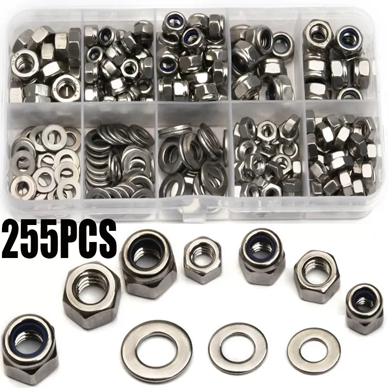 

255PCS/set M4/M5/M6 Stainless Steel Hexagon Screw Nuts Washer Kit With Flat Washer Plain Washer Gaskets Assortment Kit