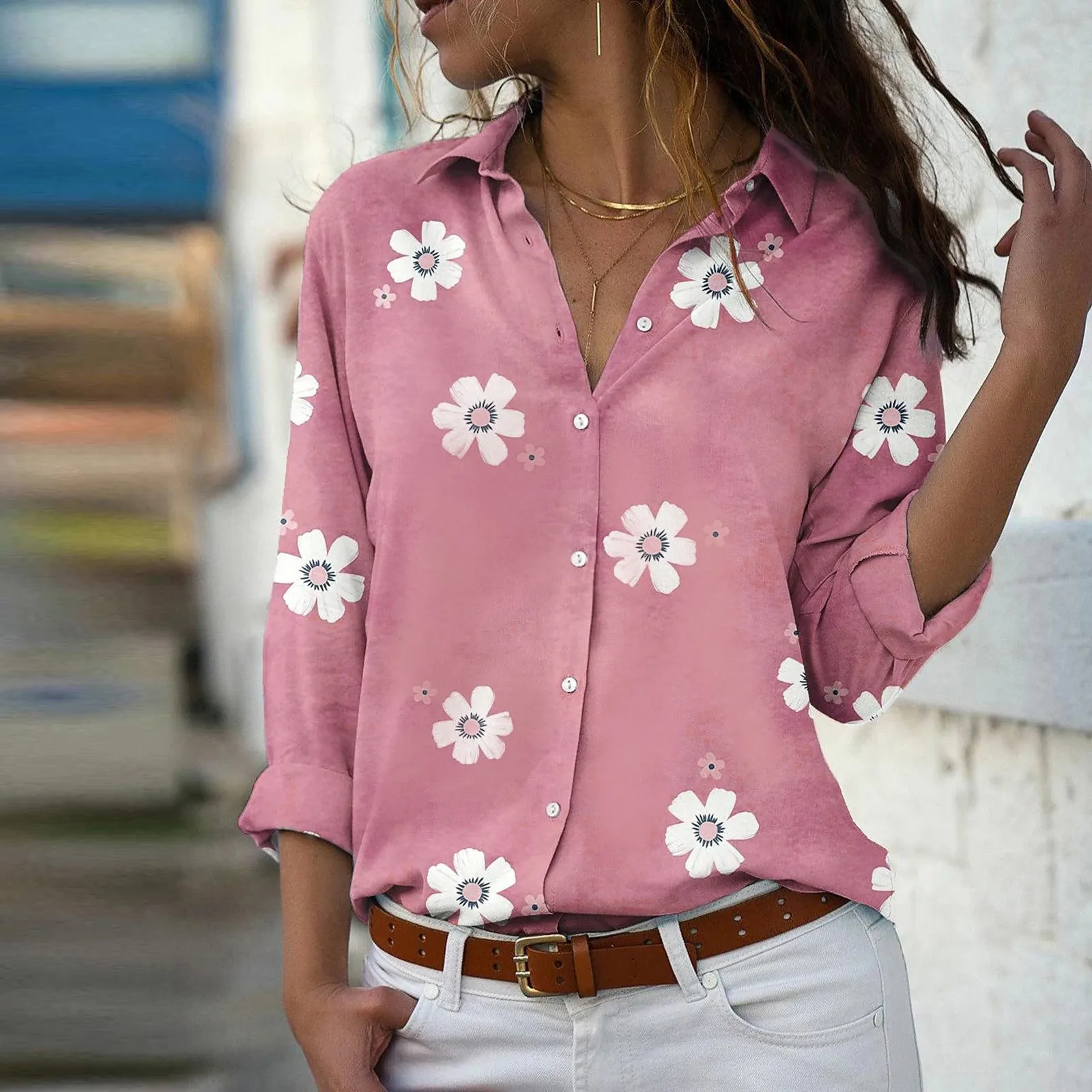 

Fashion Turn Down Collar Long Sleeve Blouse Women Shirts Elegant Print Autumn Casual Office Button Shirt Tops Plus Size