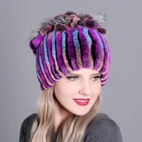 winter hat real rabbit fur knitted hats for women fashion warm beanie female rainbow colorful skullies gorro invierno
