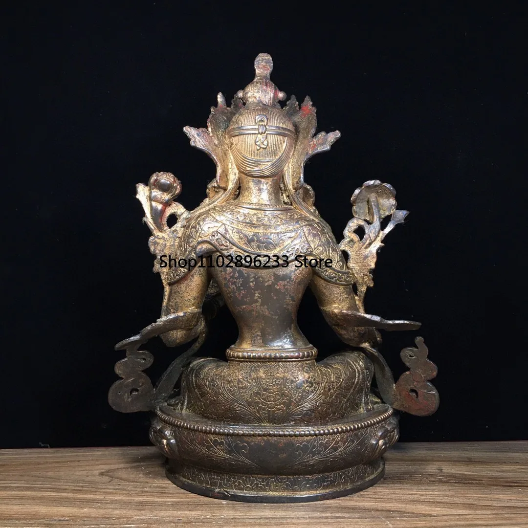 Тибетская латунь грязь золото киноварь окрашенная Гуаньинь зеленая Тара Будда