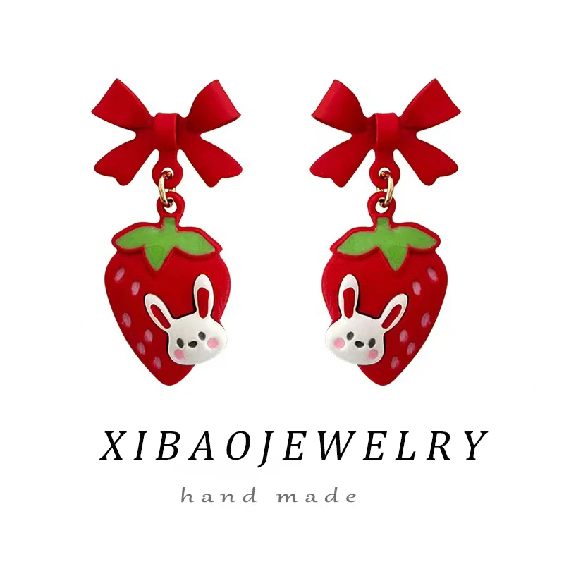 

Fashion Red Bow Cartoon Lovely Rabbit Stud Earrings For Girls Women Aesthetic Sweet Strawberry Earrings Female Charm Jewelry