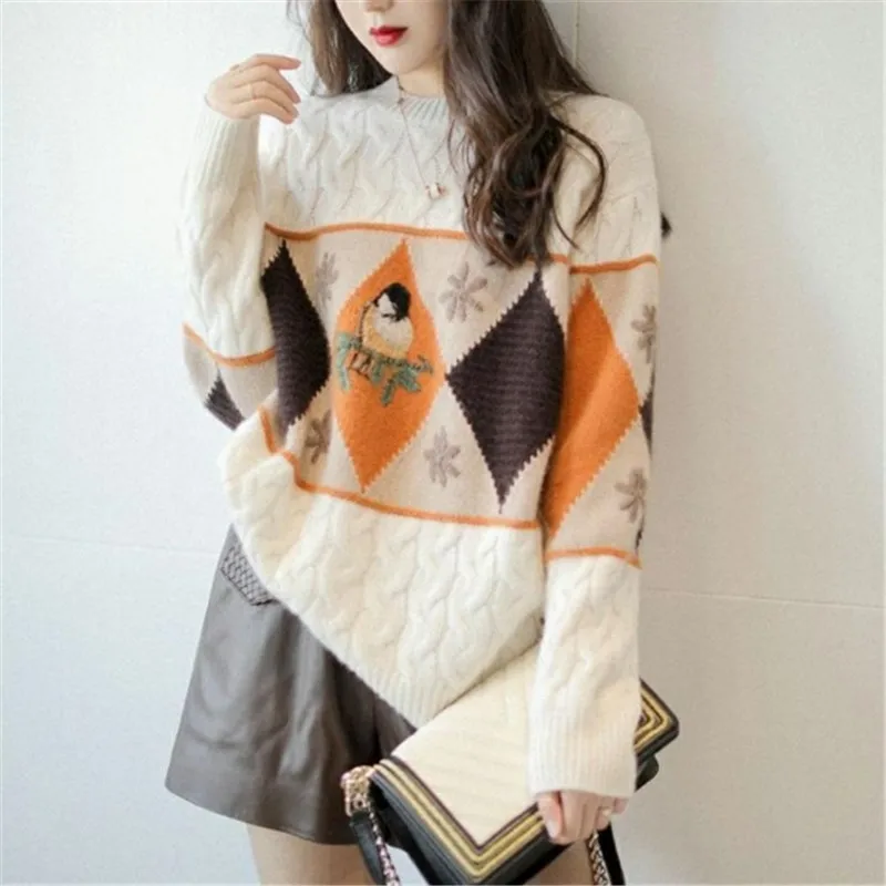 

Осенне-зимний свитер женская одежда вышивка Тяжелая промышленная клетчатая вязаная кофта с круглым вырезом Свободный пуловер ZM262