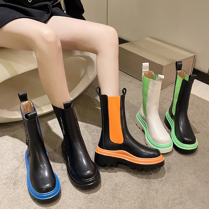 Ladies Chelsea Boots 2022 New Chunky Heel Round Toe Shoes Women Short Boots Platform High Heels Square Heel Zapatilla De Muje