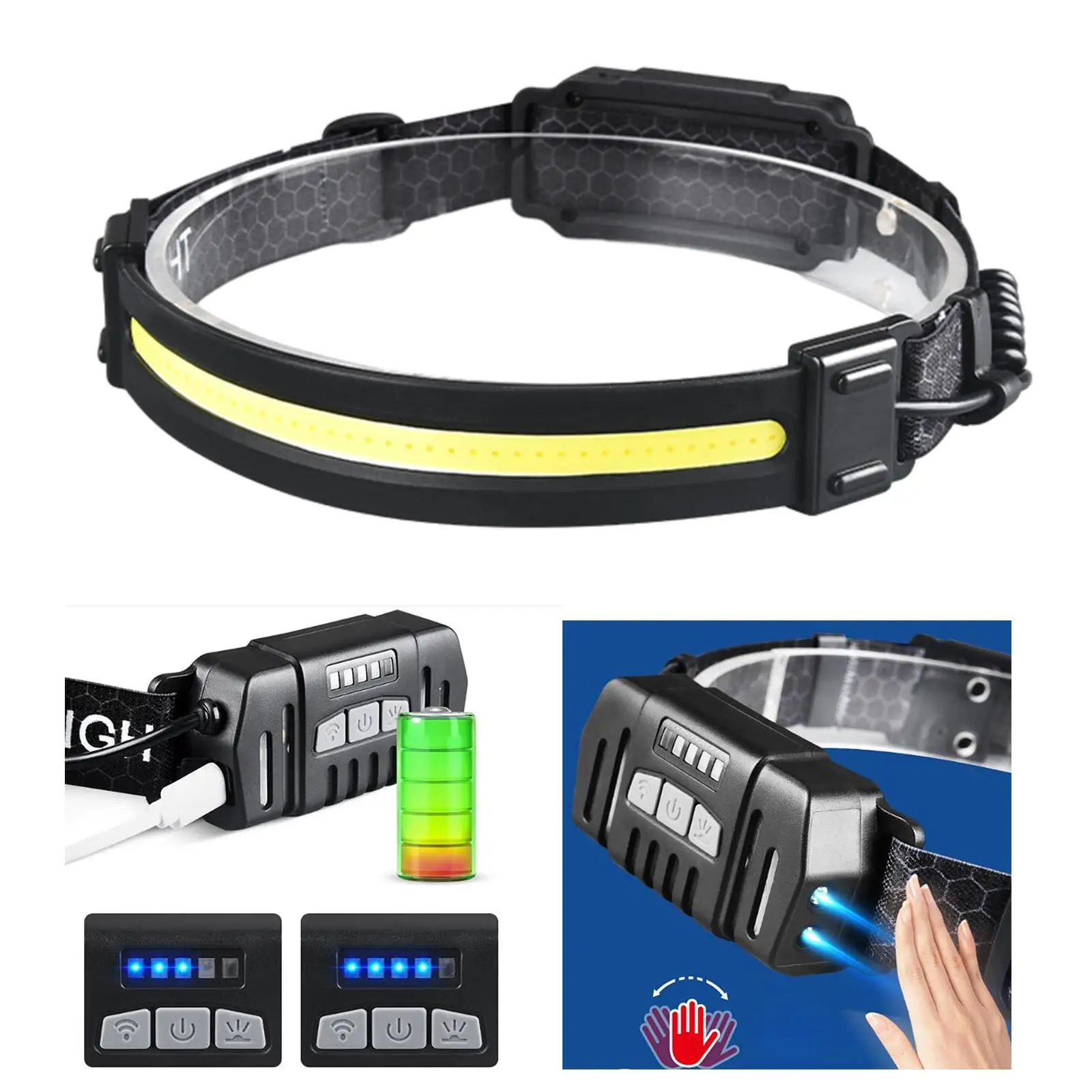 

COB Headlamp Battery Powered Bright with Taillight Waterproof USB Head Band Light Flashlight for Hunting Fishing Night Running