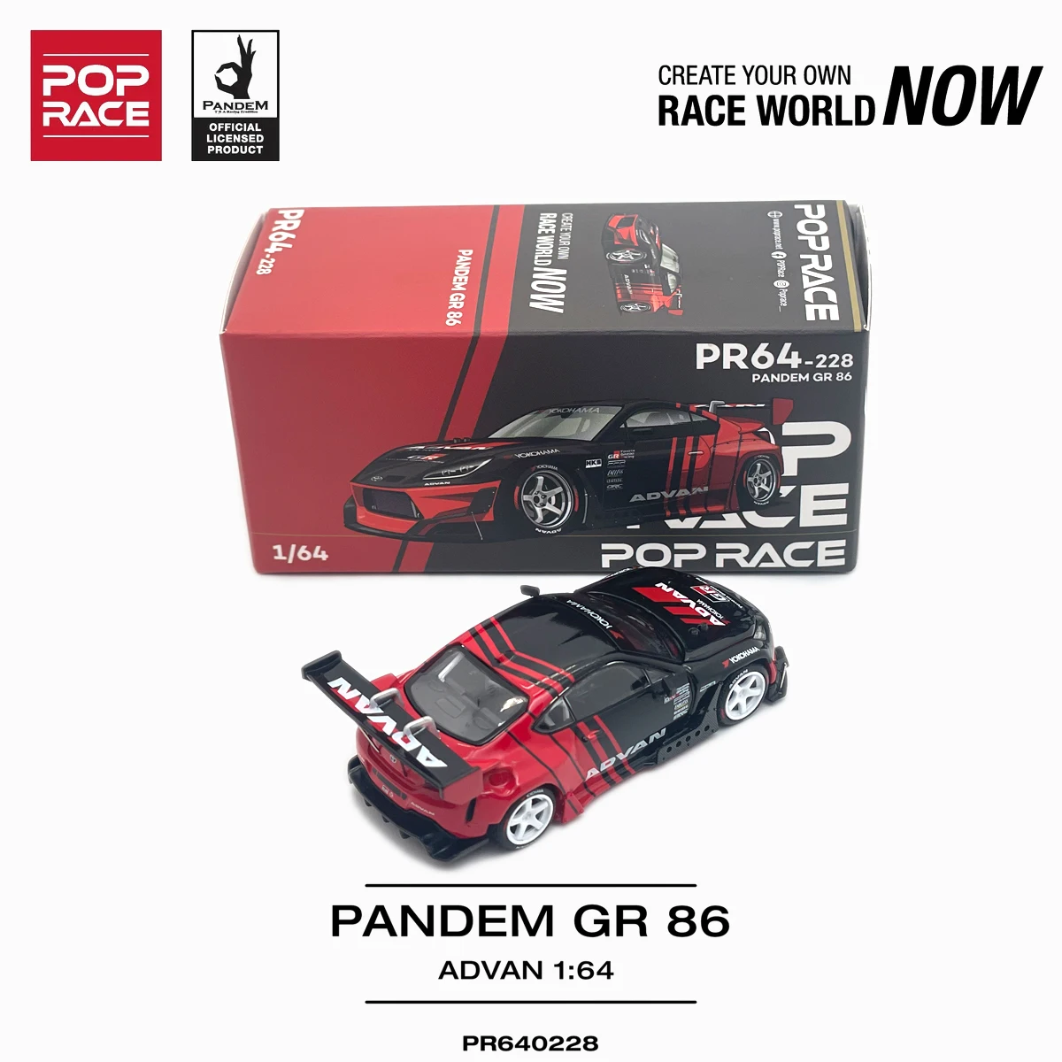 В наличии, готов к отправке: Pop Race PR640228 1:64 Pandem Toyota GR86 Advan Black Red Widebody Open Hood JDM, литая модель автомобиля (art.: 3920dc39de1c9) - 3920dc39de1c9