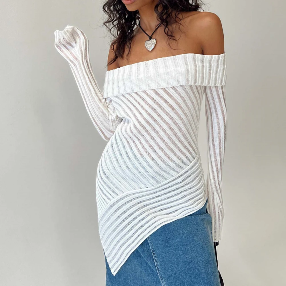

Women Autumn Asymmetric Pullover Off Shoulder Design Sexy Long Sleeve Top White Hollow Out Knit Fashion Cotton Solid Pullovers