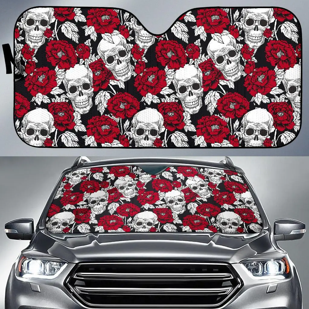 

Red Peony Skull Pattern Print Car Sun Shade