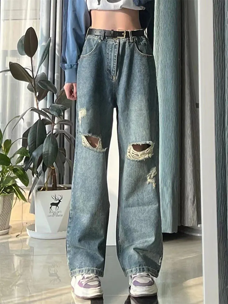

Summer Jeans Thin Female Casual Fashion Streetwear Trousers Women High Waist Ripped Hole Jeans Vintage Blue Baggy Wide Leg Pants