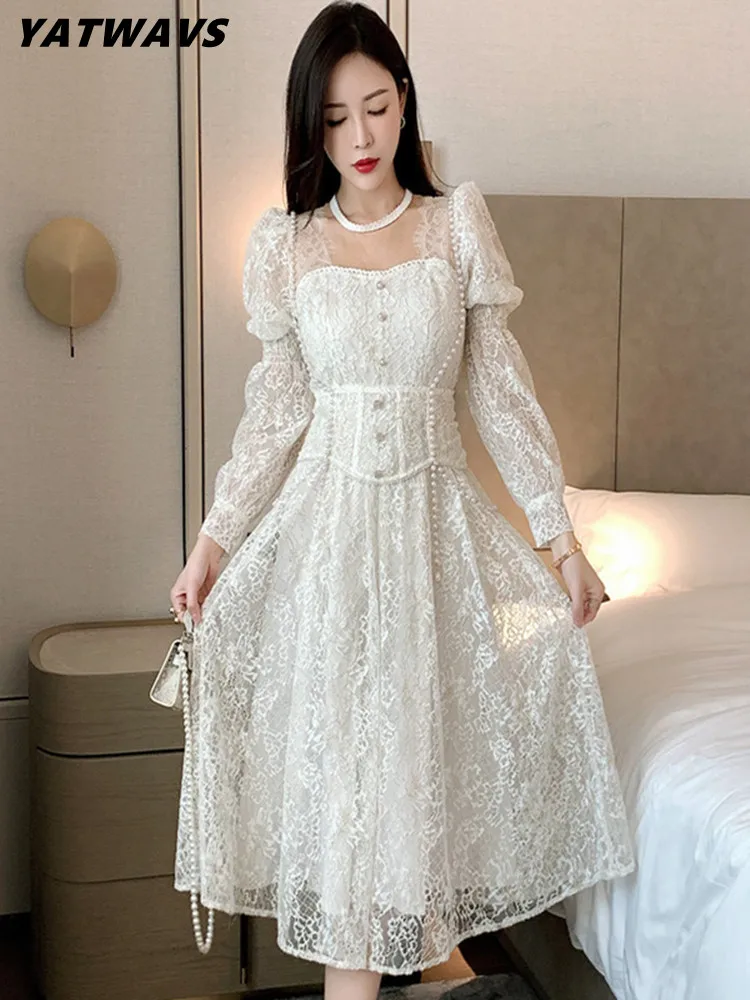 

YATWAVS Summer Luxury Fashion Beading Lace Midi Dresses Women Elegant O Collar See Through Long Sleeve Vintage Party Dress