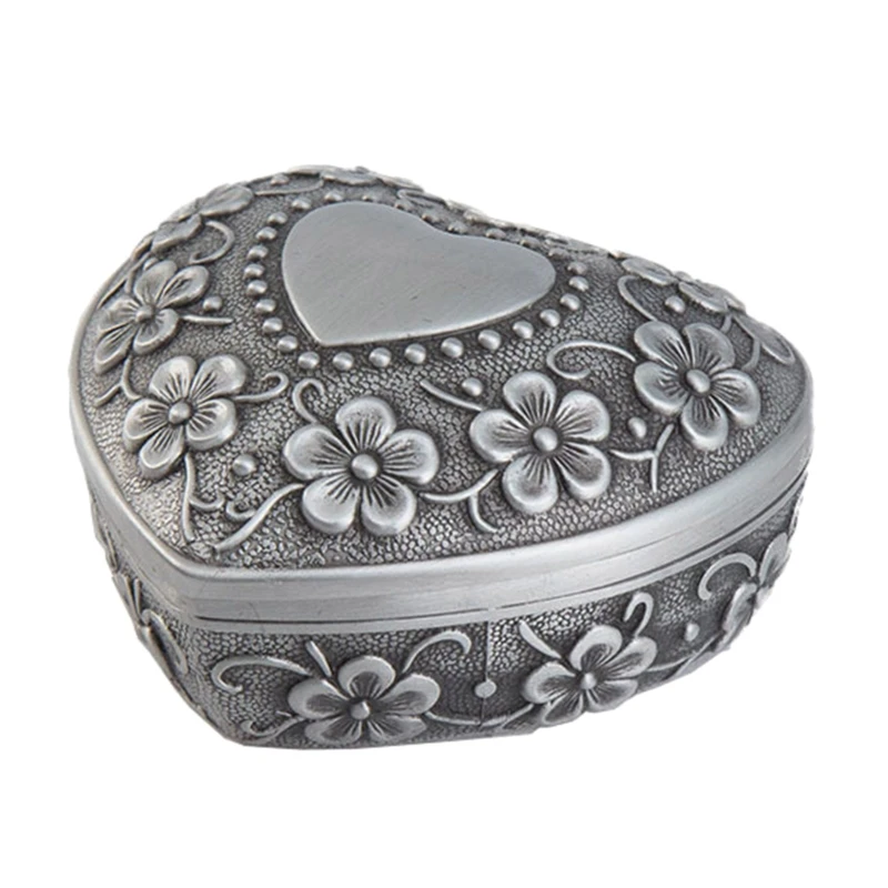 

Exquisite Retro Heart Shaped Flower Storage Box with Lid Metal Zinc Alloy Jewelry Organizer for Women Earrings Necklace