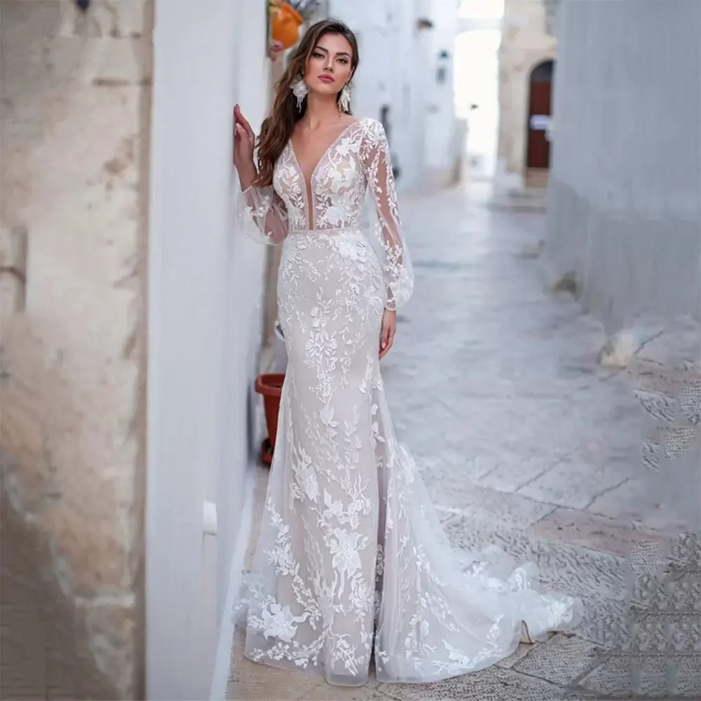 

Stylish Wedding Dress V Neck Appliques Long Sleeves Backless Bridal Gowns Plus Size Elegant Vestido De Novia