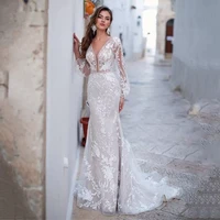 stylish wedding dress v neck appliques long sleeves backless bridal gowns plus size elegant vestido de novia