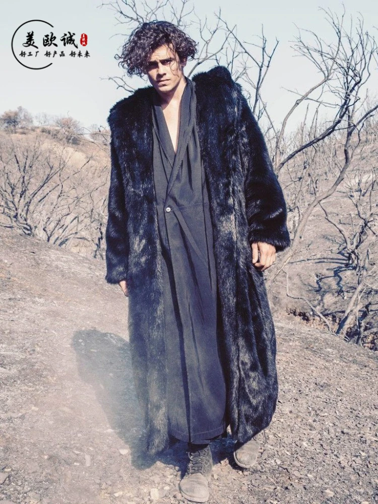 Мужское меховое пальто зимнее Удлиненное из искусственного меха с капюшоном для