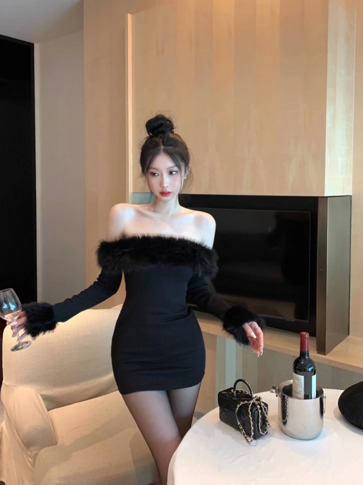 Мини-платья Ezgaga женские с пушистыми вставками воротником-лодочкой и длинным