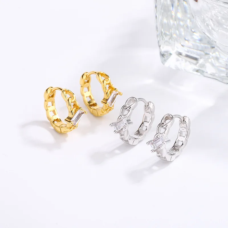 

S925 Sterling Silver Square Diamond Earrings for Women's Pair of Chain Style Street Style Versatile Earrings with Small Earrings