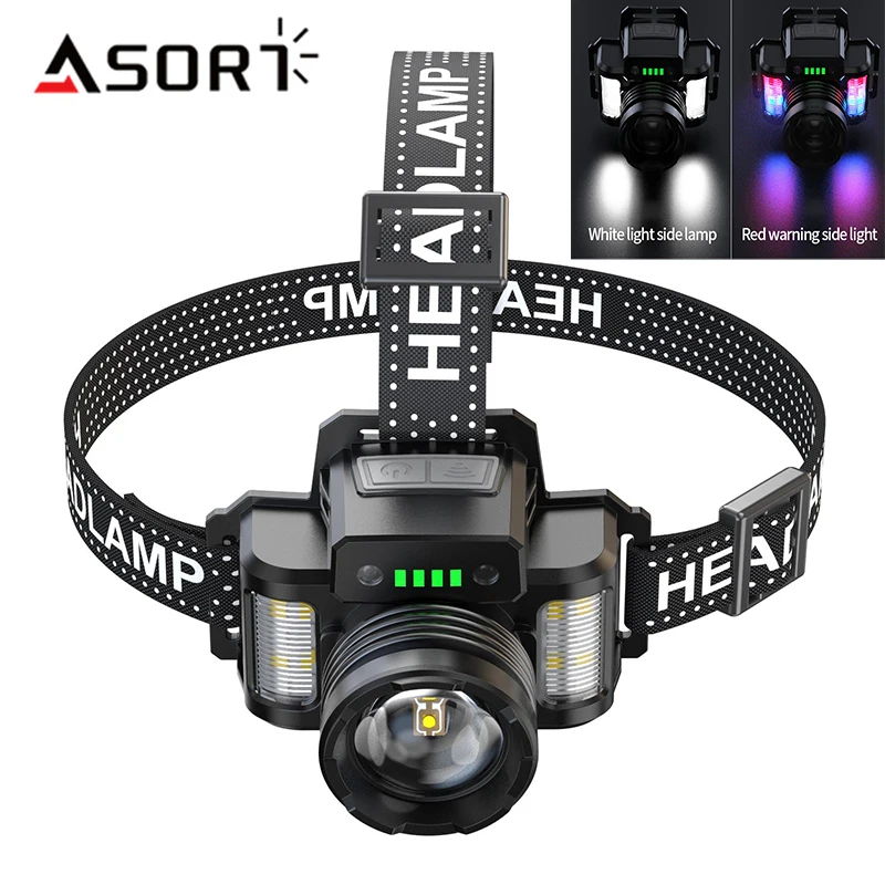 High Power Fishing LED Headlamp Rechargeable Headlight Infrared Sensors With Three-source Side Lights Built in Battery Camping