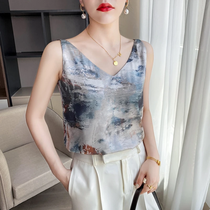 

Summer New V-Neck Camisole Women's Short Ink-And-Wash Printed Silk Fashion Acetate Satin Bottoming Vest